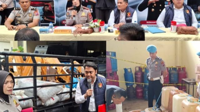 Konferensi pers Polda Sumatera Barat terkait pengungkapan kasus penyalahgunaan BBM bersubsidi dengan barang bukti sitaan.