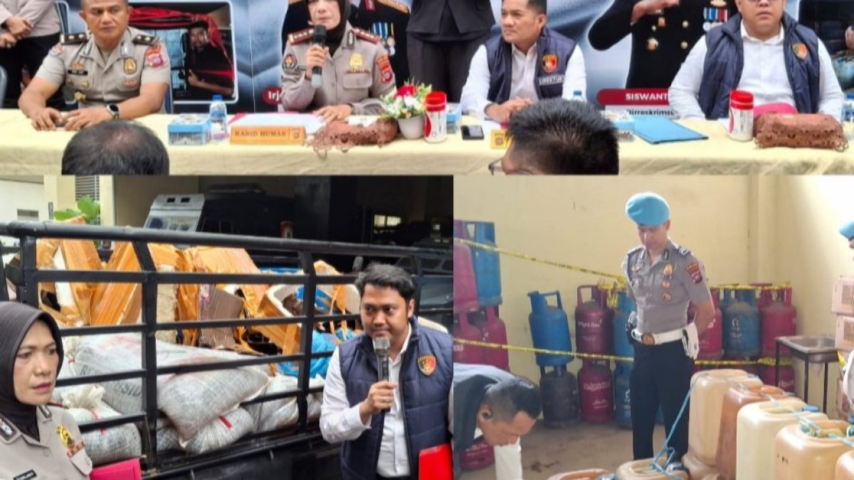 Konferensi pers Polda Sumatera Barat terkait pengungkapan kasus penyalahgunaan BBM bersubsidi dengan barang bukti sitaan.